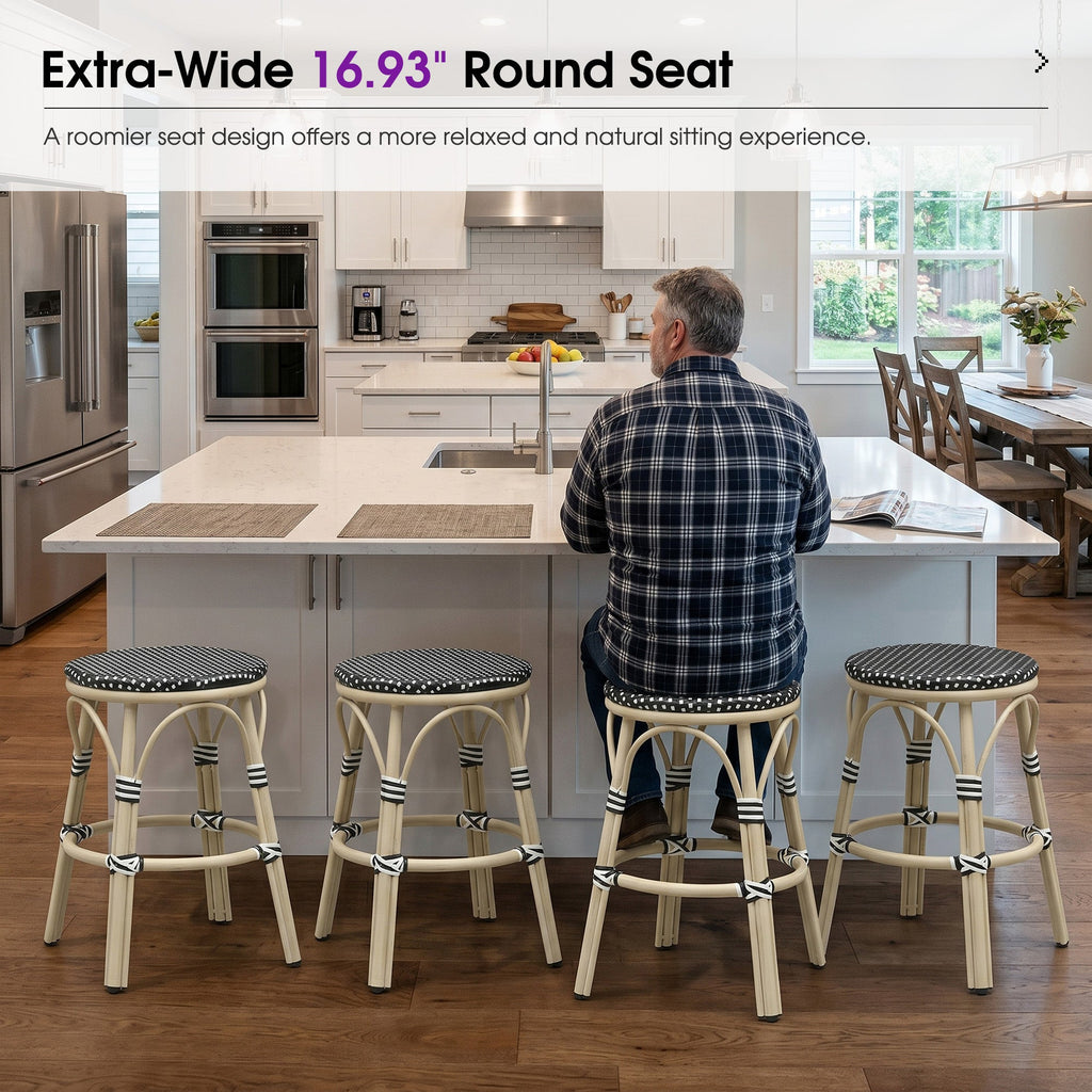 PURPLE LEAF Patio French Round Counter Stool Set of 2 Rattan Backless Stackable Barstools Aluminum Frame Footrest with Woven Wicker for Outdoor Kitchen Yard