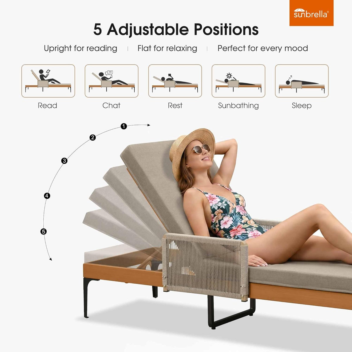 PURPLE LEAF Outdoor Chaise Lounge Sunbrella Patio Lounge Chair Recliner and Cushion for Poolside Balcony Backyard