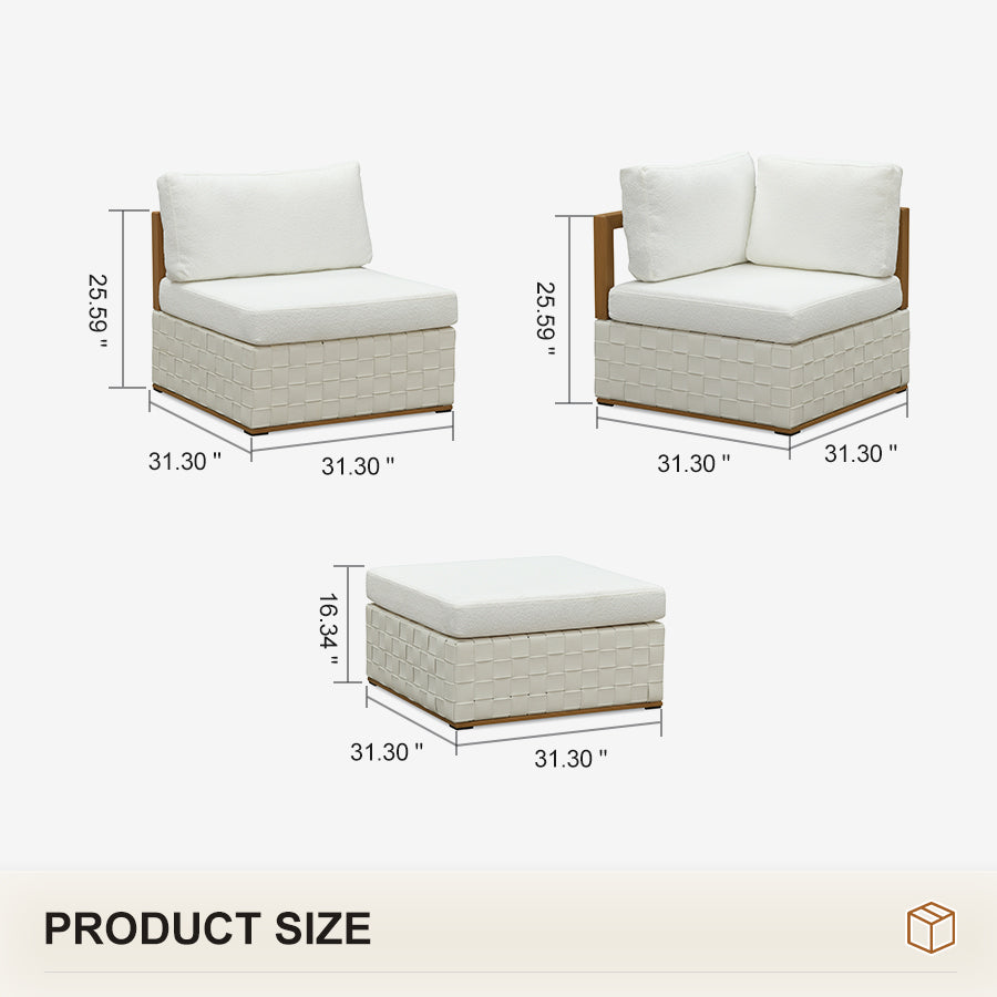 PURPLE LEAF Griffin L-shaped Patio Conversation Set White with Cushion Pillows Ottoman and Premium Leather for Patio Balcony