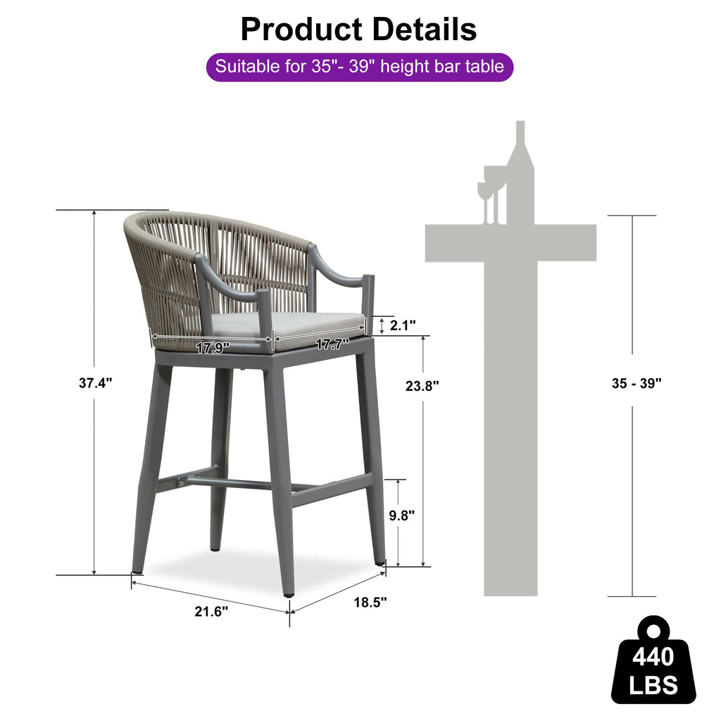 PURPLE LEAF Patio Bar Stools Set of 2 Outdoor Wicker Modern High Bar Chairs Metal Cushioned Barstools with Backs and Ergonomic Armrest