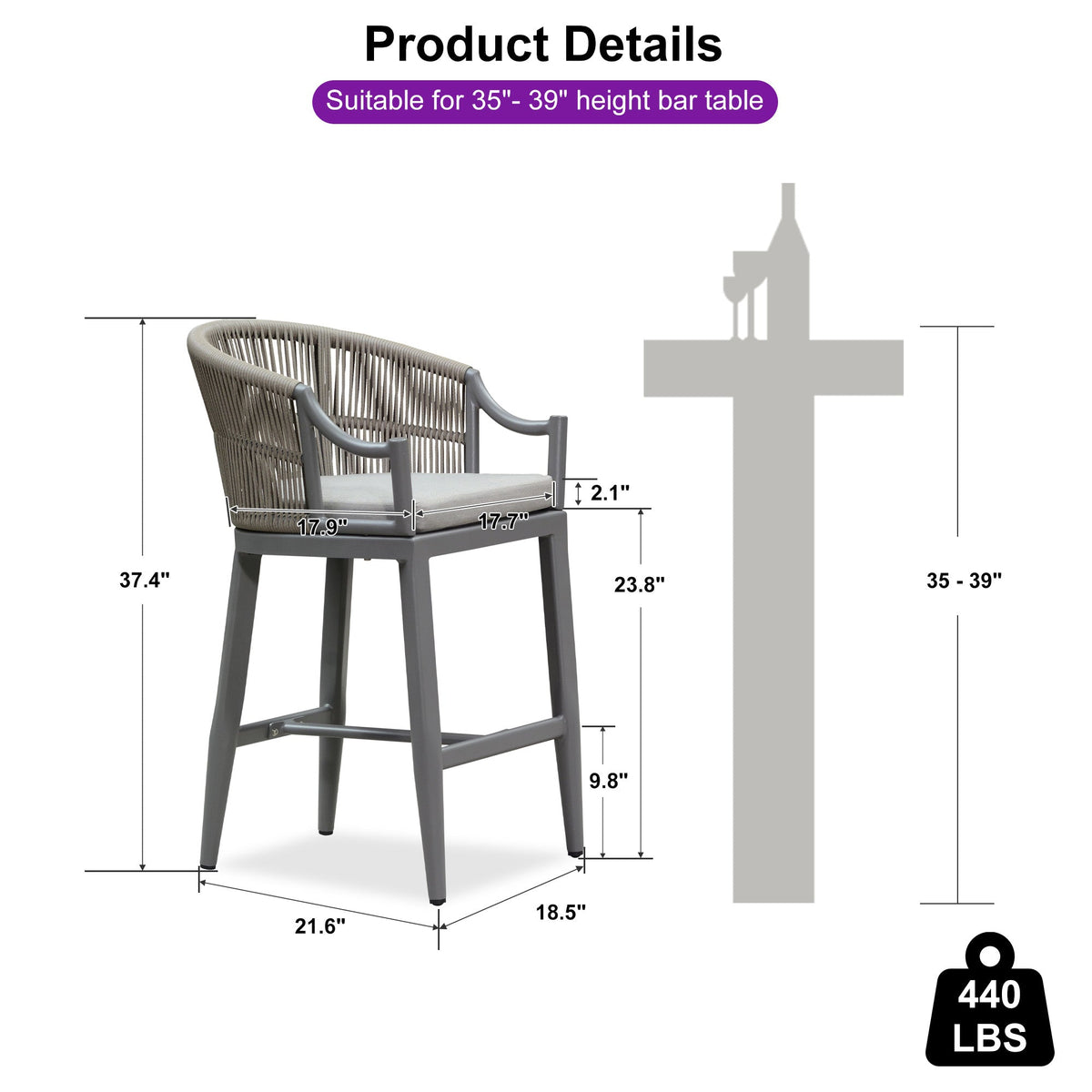 PURPLE LEAF Patio Bar Stools Set of 2 Outdoor Wicker Modern High Bar Chairs Metal Cushioned Barstools with Backs and Ergonomic Armrest