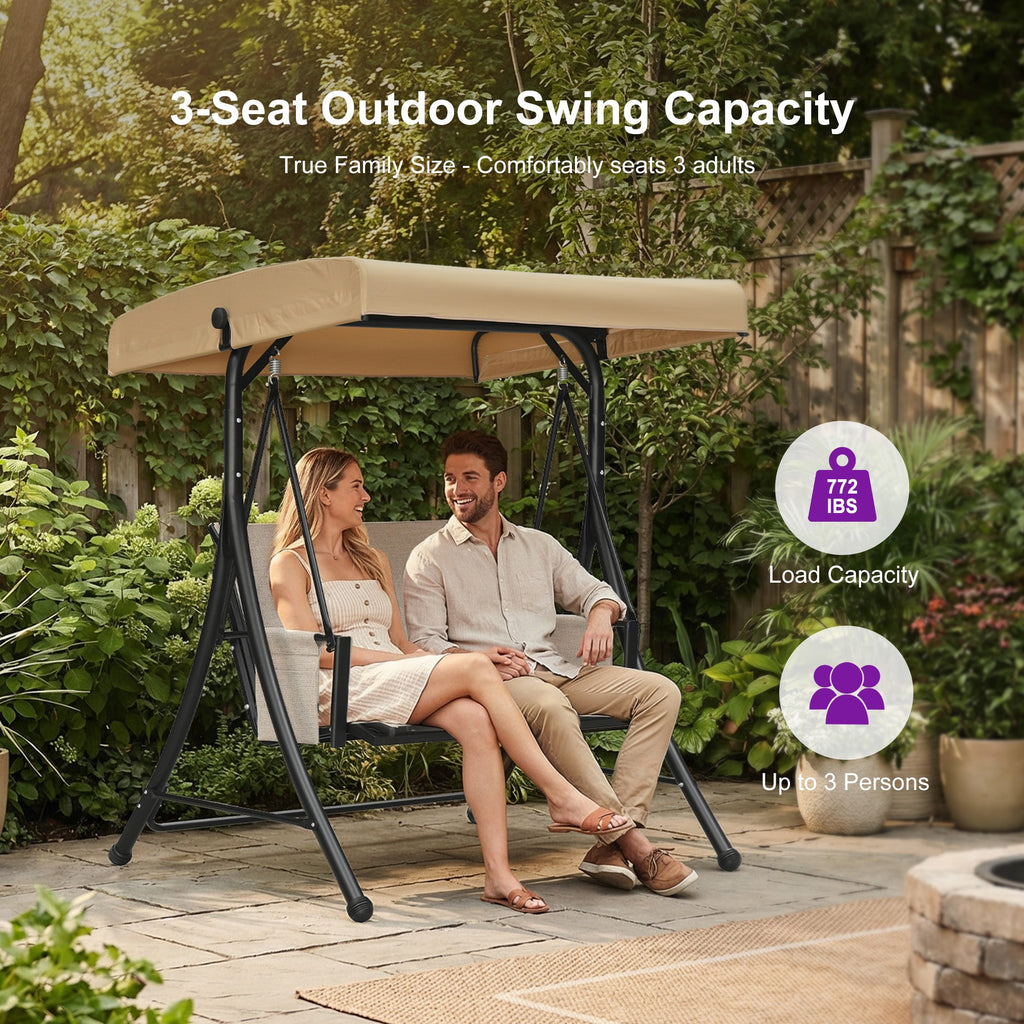PURPLE LEAF Porch Swing with Adjustable Tilt Canopy Patio Swing with Stand and Meatl Steel Frame All-Weather Outdoor Swing Chair Seat Space-Saving for Backyard Garden Deck