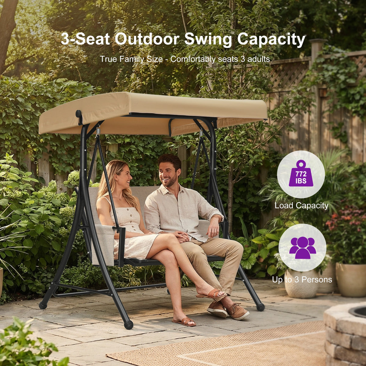 PURPLE LEAF Porch Swing with Adjustable Tilt Canopy Patio Swing with Stand and Meatl Steel Frame All-Weather Outdoor Swing Chair Seat Space-Saving for Backyard Garden Deck