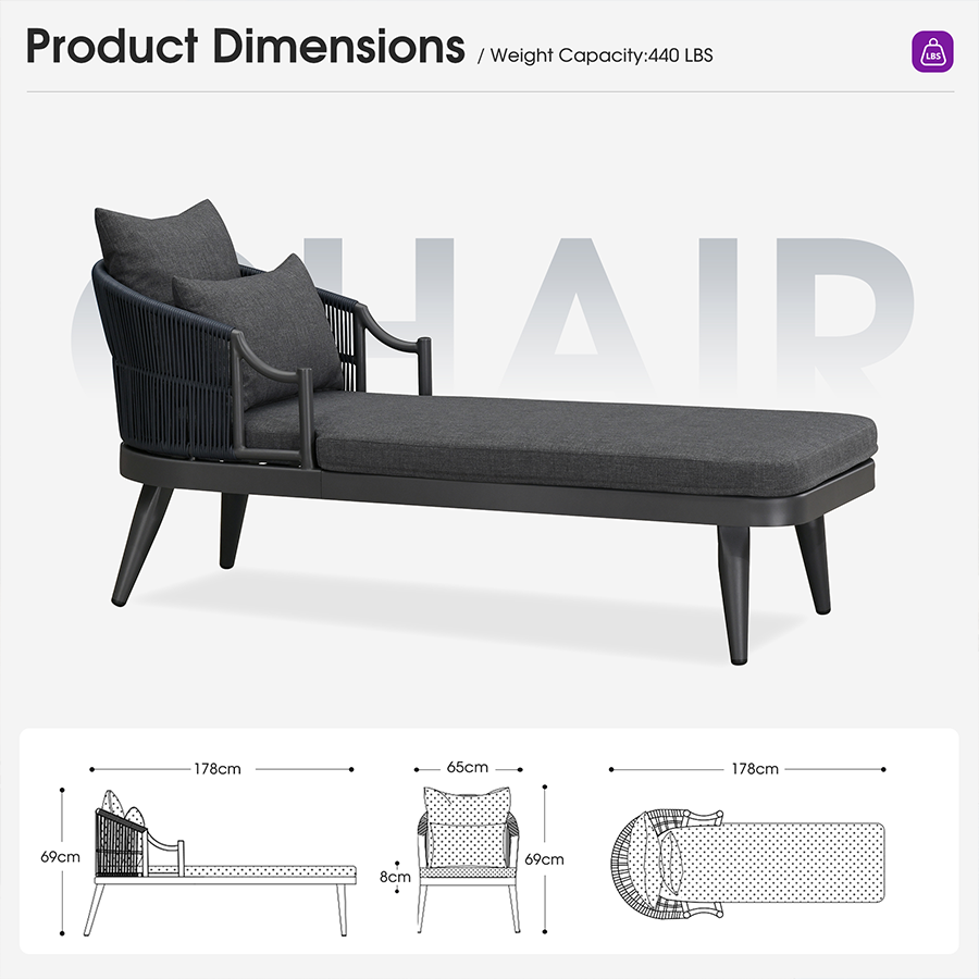 PURPLE LEAF Outdoor Lounge Chair, Patio Chaise Lounge with Cushioned Seat & Supportive Armrests, Ergonomic Aluminum Pool Lounge Chairs for Backyard Deck Poolside