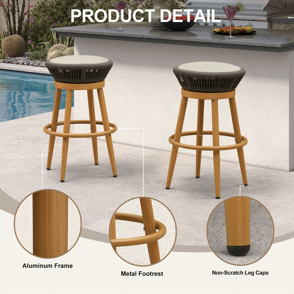 PURPLE LEAF Outdoor Swivel Bar Stools Set of 2 Metal Modern Rattan Bar Chairs with Backrest Aluminum Woven Barstools with Cushions