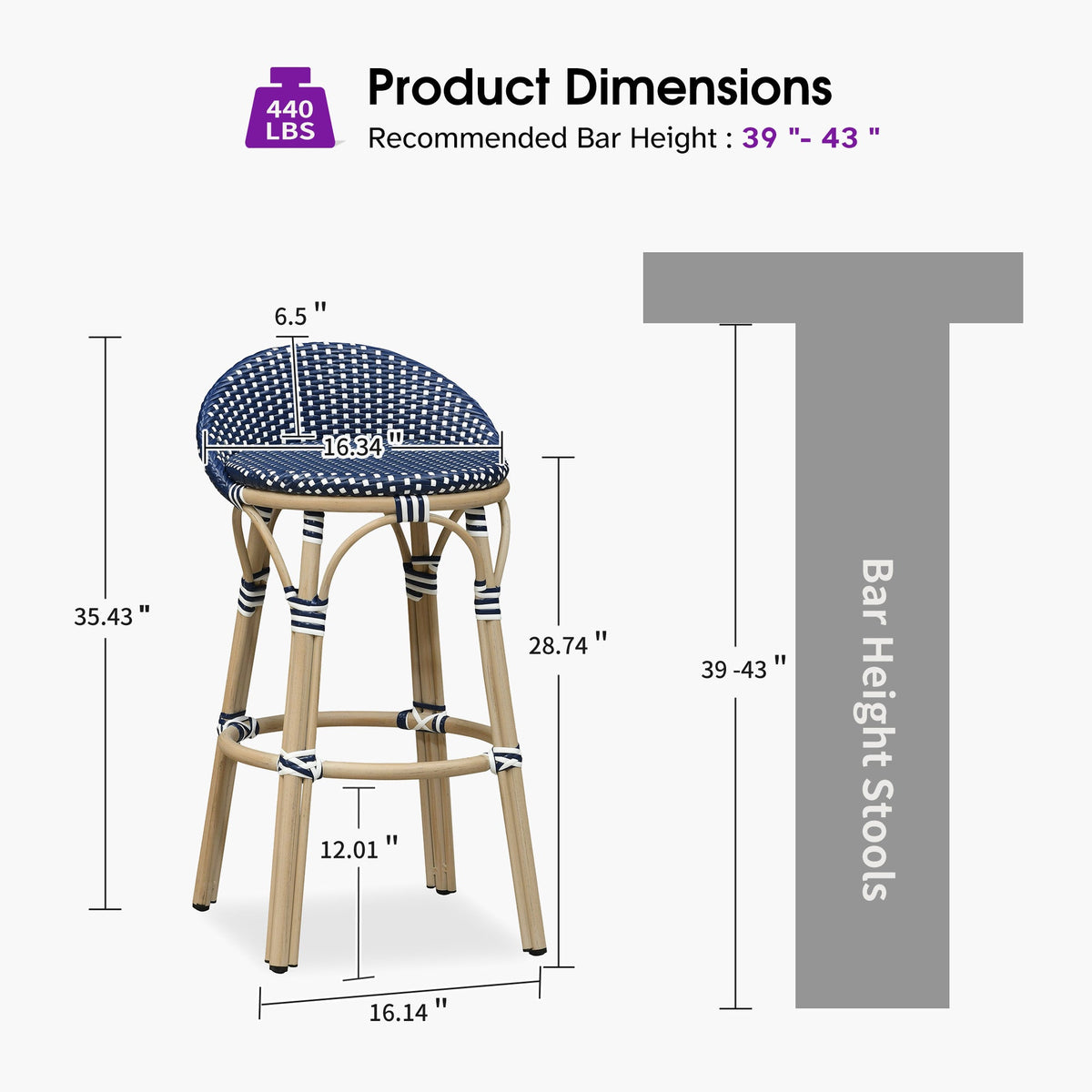 PURPLE LEAF Patio Oversized Backrest Bar Height Stool Set of 2 Outdoor Round Barstools Aluminum Frame Woven Rattan for Indoor Kitchen Dining Bistros Cafe Restaurant
