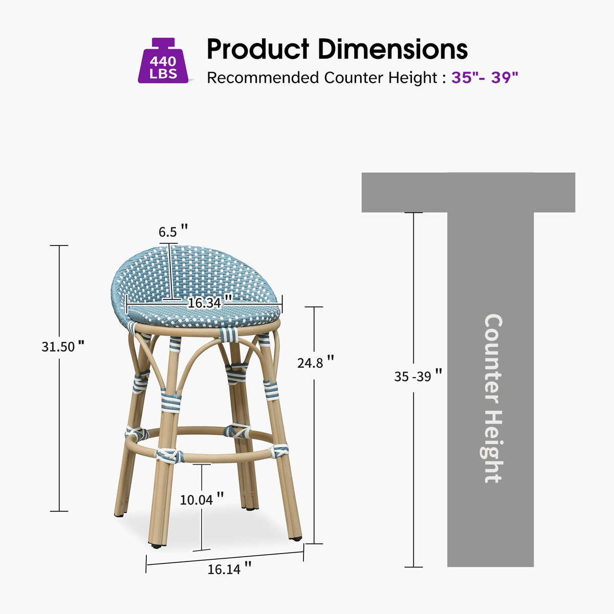 PURPLE LEAF Patio Oversized Backrest Bar Height Stool Set of 2 Outdoor Round Barstools Aluminum Frame Woven Rattan for Indoor Kitchen Dining Bistros Cafe Restaurant
