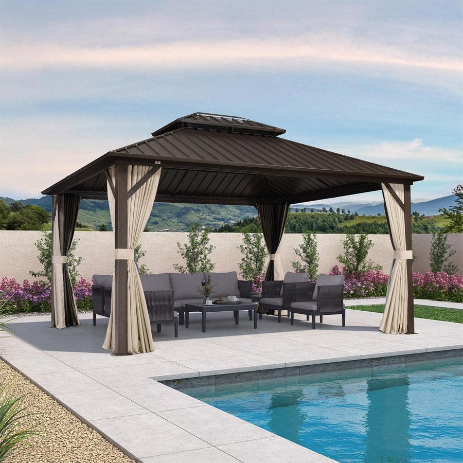 PURPLE LEAF Hardtop Gazebo Featuring Galvanized Steel Double Roof and Bronze Aluminum Frame with Curtains and Netting for Poolside with Lights-clear