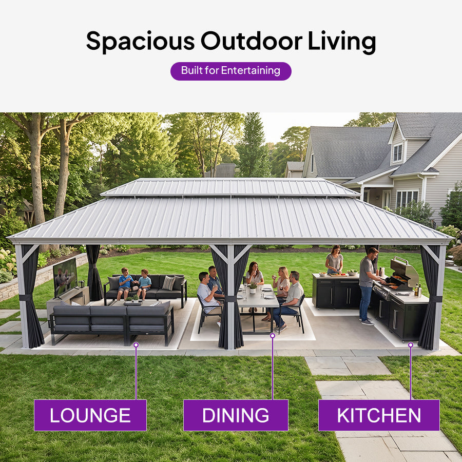 PURPLE LEAF Patio Gazebo for Pool Light Grey Hardtop Galvanized Steel Roof with String Lights-milky