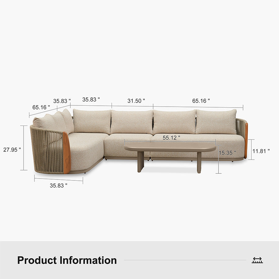 PURPLE LEAF Hailar L-Shaped Patio Conversation Set with Genuine Teak Cushions and Pillows Olefin Rope Backrest Outdoor Couch Sets for Backyard Porch