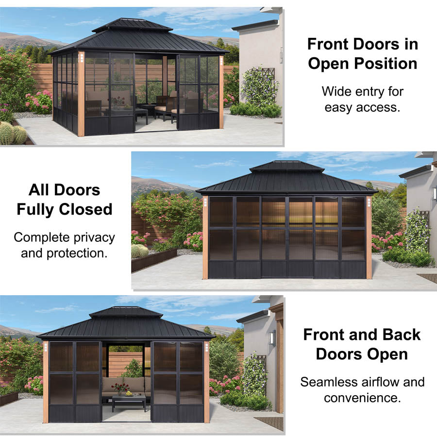 PURPLE LEAF Sunroom Hardtop Gazebo with Wood Grain Columns Black Frame Double Roof Galvanized Steel Solarium All-Weather Screen House with String Lights