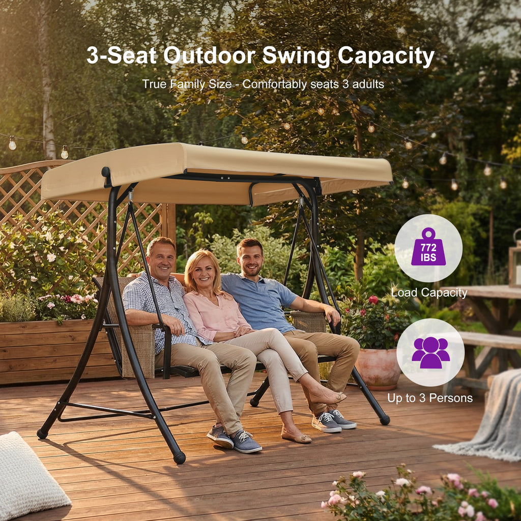 PURPLE LEAF Porch Swing with Adjustable Tilt Canopy Patio Swing with Stand and Meatl Steel Frame All-Weather Outdoor Swing Chair Seat Space-Saving for Backyard Garden Deck