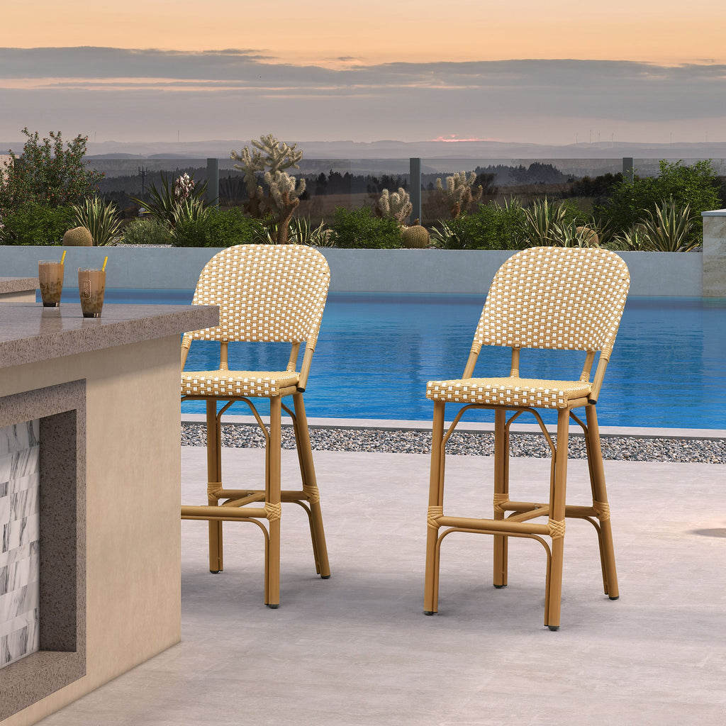 PURPLE LEAF Outdoor Bar Height Stools Set of 2 French Country Patio Rattan Bar Stool Chairs Outdoor Armless Barstools for Porch Garden Indoor Kitchen