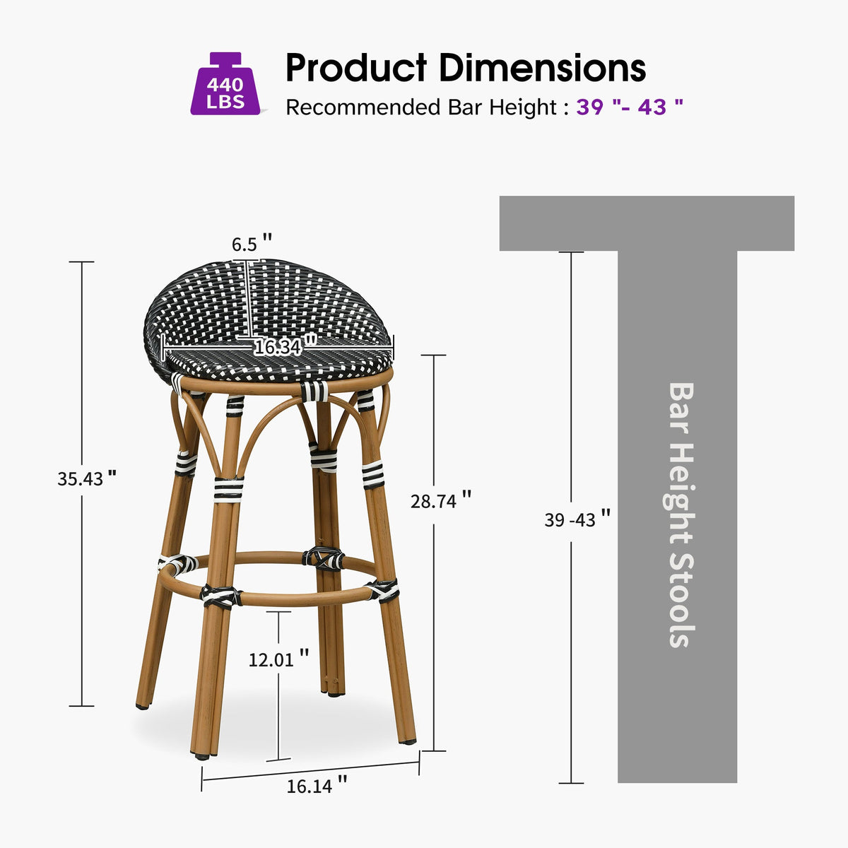 PURPLE LEAF Patio Oversized Backrest Bar Height Stool Set of 2 Outdoor Round Barstools Aluminum Frame Woven Rattan for Indoor Kitchen Dining Bistros Cafe Restaurant