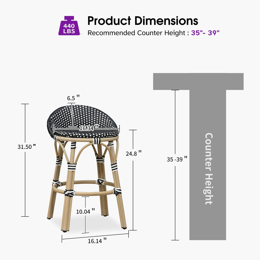 PURPLE LEAF Patio Oversized Backrest Bar Height Stool Set of 2 Outdoor Round Barstools Aluminum Frame Woven Rattan for Indoor Kitchen Dining Bistros Cafe Restaurant