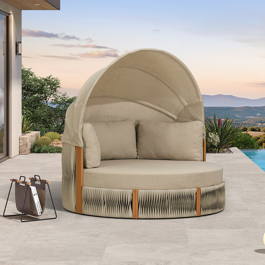 PURPLE LEAF Outdoor Round Daybed Chaise Lounge with Adjustable Canopy for Patio, Olefin fabric cover, thickened seat and back cushion, adjustable canopy, all weather aluminum frame, elegant wicker design