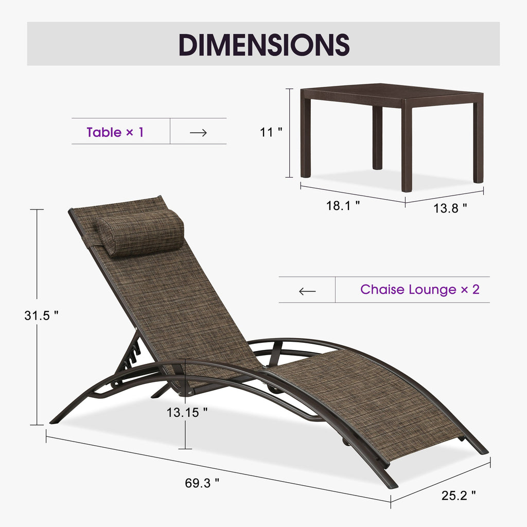 PURPLE LEAF Outdoor Chaise Lounge Chair  Patio Pool Lounger Bronze Aluminum Chairs with Side Table Adjustable Tanning Recliner for Outside Backyard Yard Deck Balcony Beach