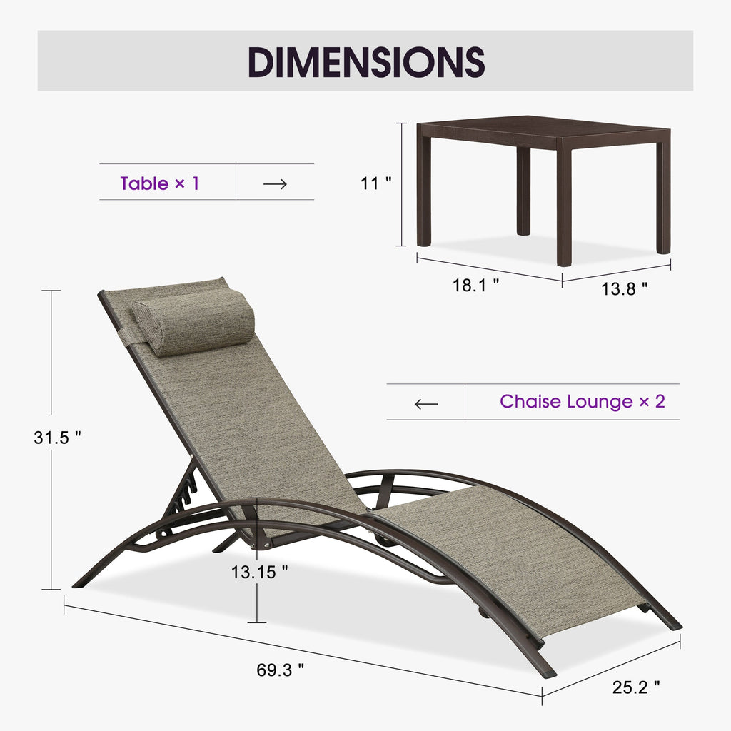 PURPLE LEAF Outdoor Chaise Lounge Chair  Patio Pool Lounger Bronze Aluminum Chairs with Side Table Adjustable Tanning Recliner for Outside Backyard Yard Deck Balcony Beach