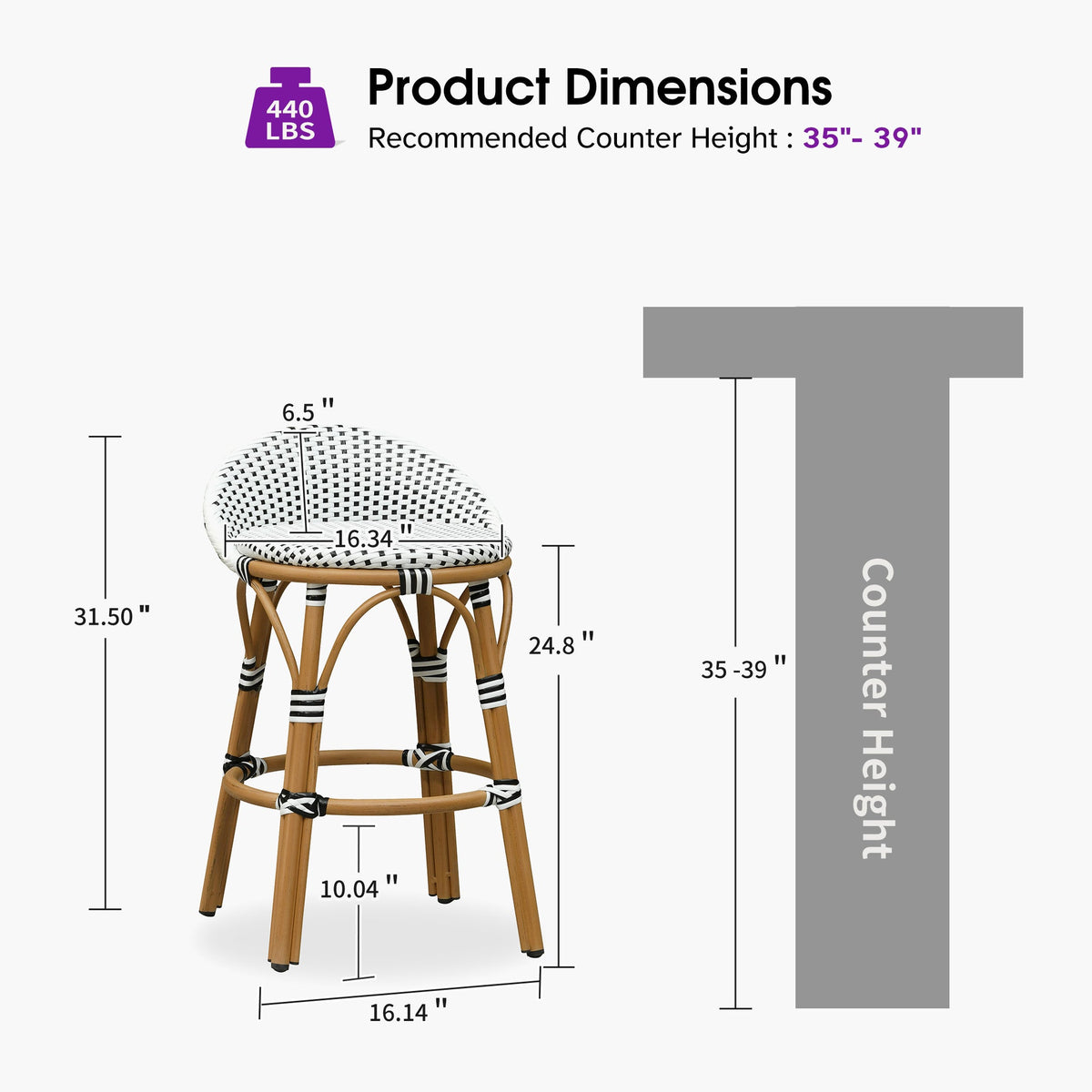 PURPLE LEAF Patio Oversized Backrest Bar Height Stool Set of 2 Outdoor Round Barstools Aluminum Frame Woven Rattan for Indoor Kitchen Dining Bistros Cafe Restaurant