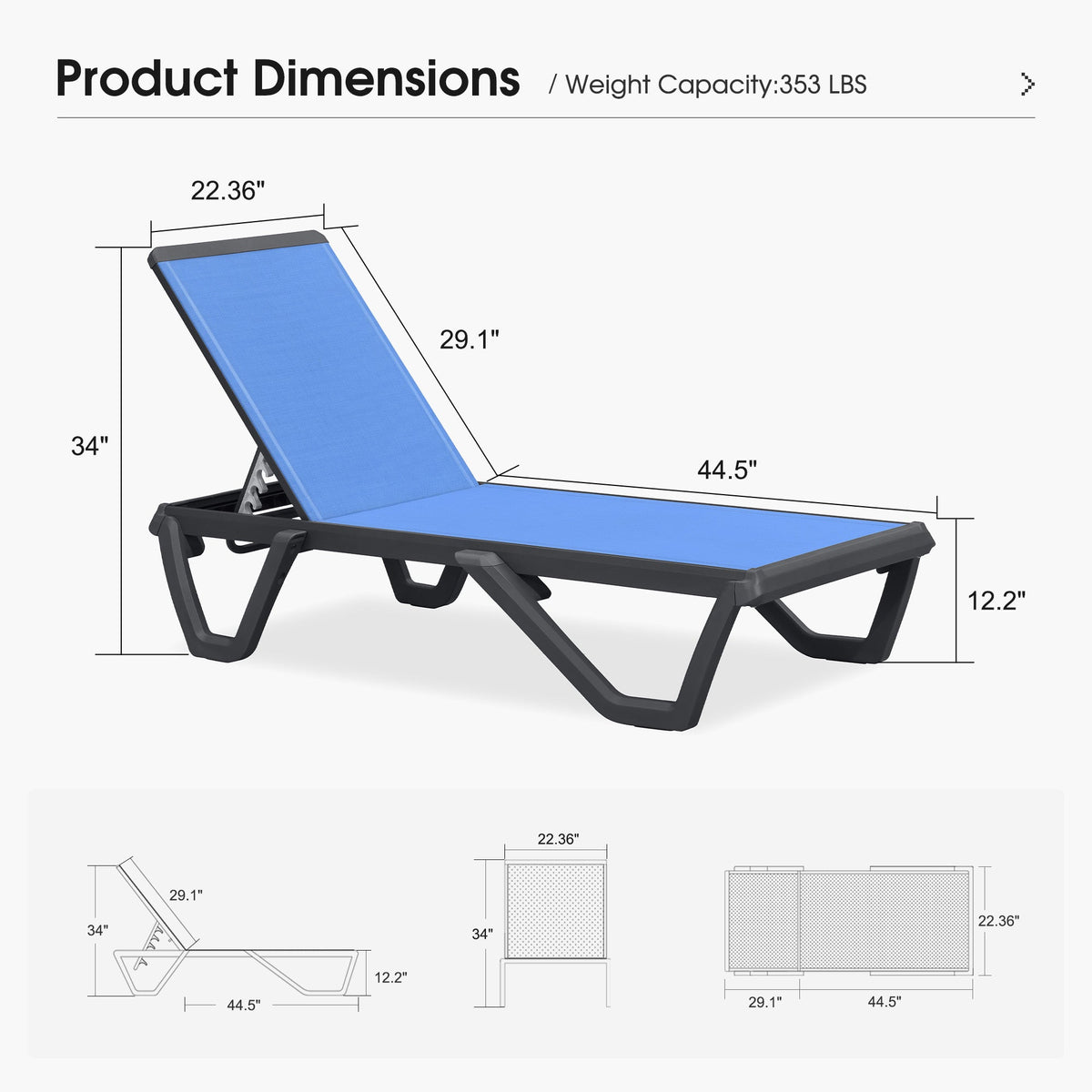 PURPLE LEAF Outdoor Chaise Lounge Patio Chair 5 Positions Adjustable Aluminum Frame with Textilene Seat Lightweight and Durable Pool Chaise Lounge for Patio Poolside Beach Yard