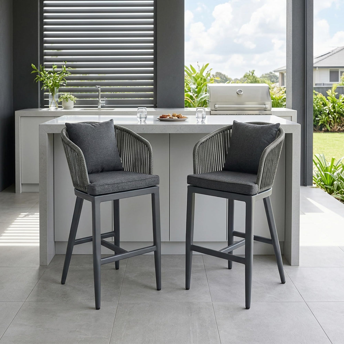 PURPLE LEAF Outdoor Bar Stools Patio Modern Aluminum Rattan High Back & Arms Bar Chairs with Removable Cushions and Pillows  for Outdoor or Indoor