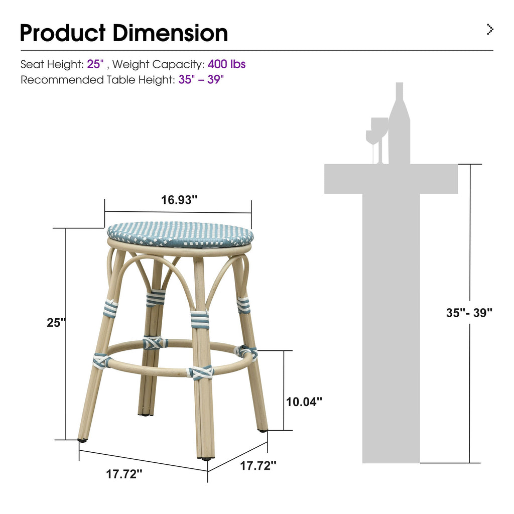 PURPLE LEAF Patio French Round Counter Stool Set of 2 Rattan Backless Stackable Barstools Aluminum Frame Footrest with Woven Wicker for Outdoor Kitchen Yard