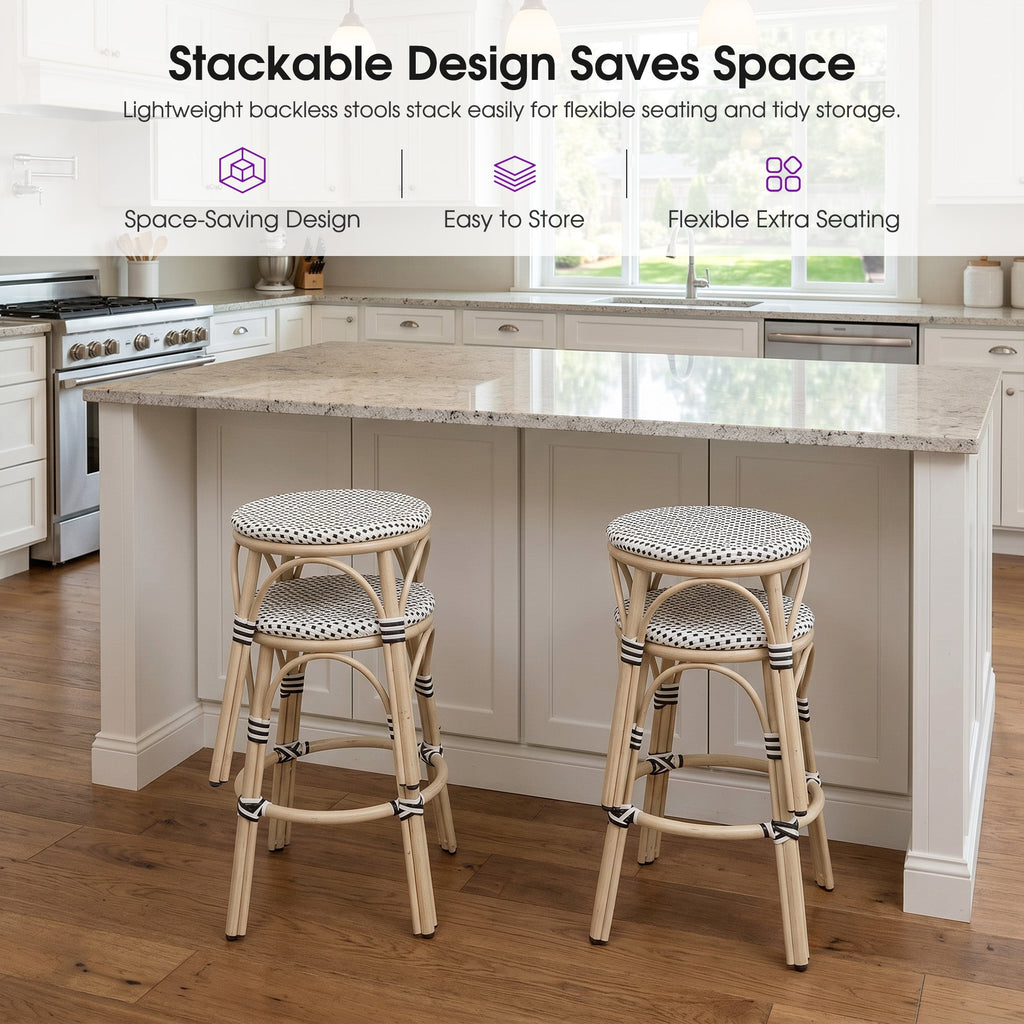 PURPLE LEAF Patio French Round Counter Stool Set of 2 Rattan Backless Stackable Barstools Aluminum Frame Footrest with Woven Wicker for Outdoor Kitchen Yard