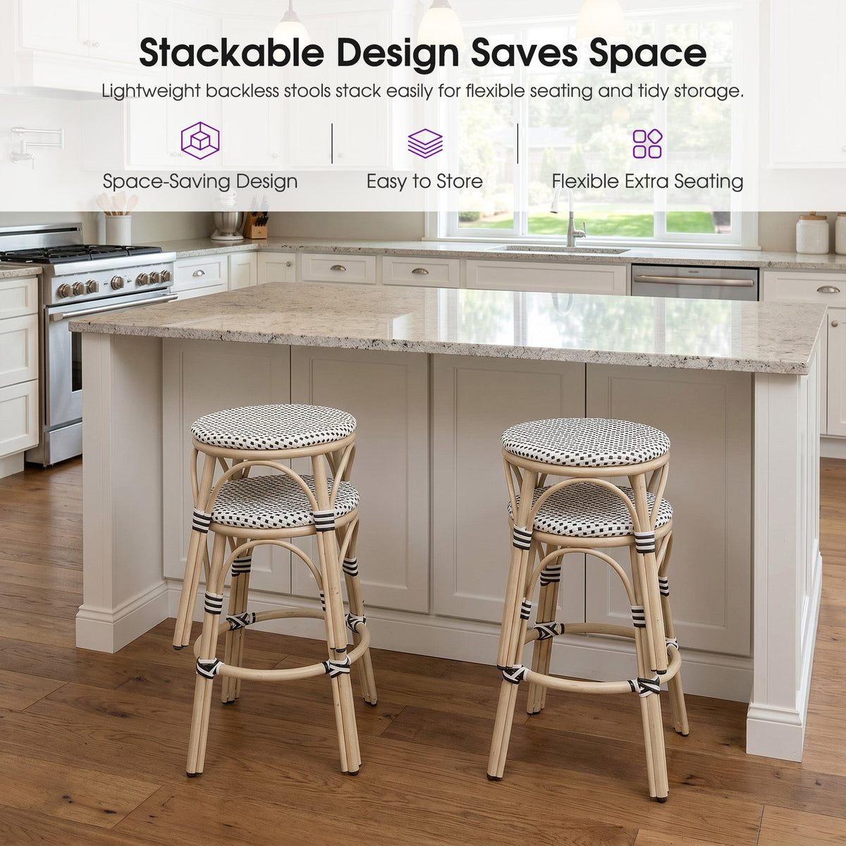 PURPLE LEAF Patio French Round Counter Stool Set of 2 Rattan Backless Stackable Barstools Aluminum Frame Footrest with Woven Wicker for Outdoor Kitchen Yard