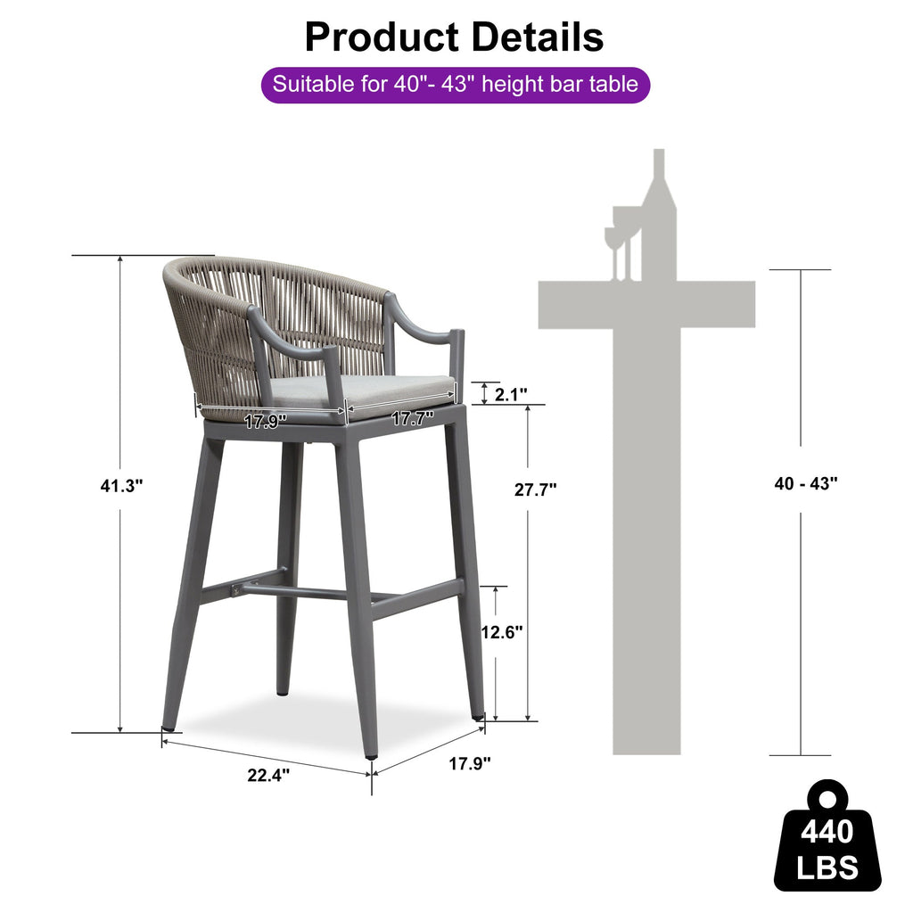 PURPLE LEAF Patio Bar Stools Set of 2 Outdoor Wicker Modern High Bar Chairs Metal Cushioned Barstools with Backs and Ergonomic Armrest