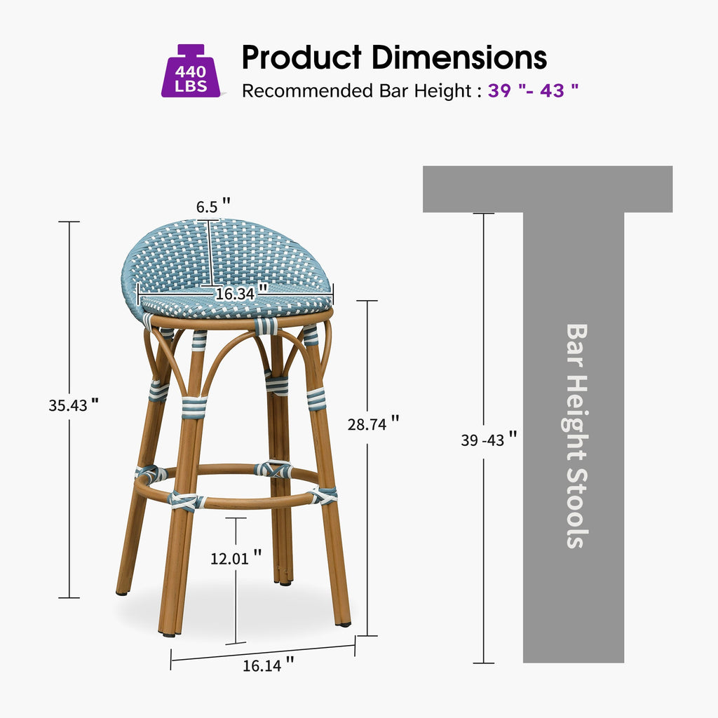 PURPLE LEAF Patio Oversized Backrest Bar Height Stool Set of 2 Outdoor Round Barstools Aluminum Frame Woven Rattan for Indoor Kitchen Dining Bistros Cafe Restaurant