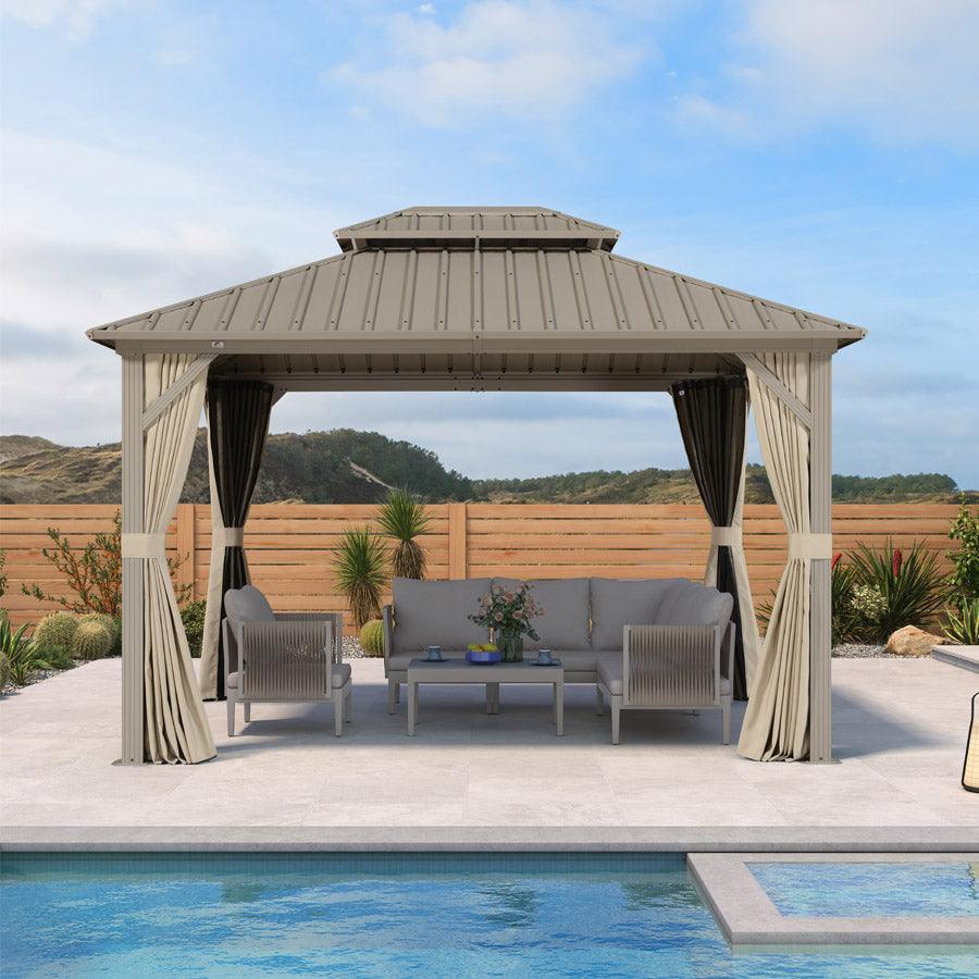 PURPLE LEAF Deck Gazebo Champagne Hardtop Metal Frame Double Roof with Curtains and Netting