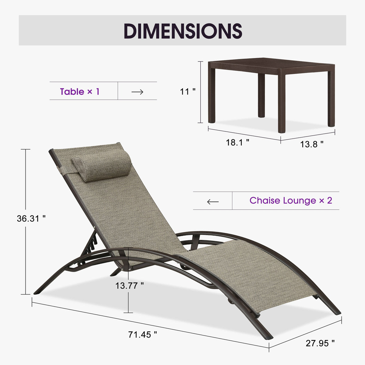 PURPLE LEAF Outdoor Chaise Lounge Chair  Patio Pool Lounger Bronze Aluminum Chairs with Side Table Adjustable Tanning Recliner for Outside Backyard Yard Deck Balcony Beach