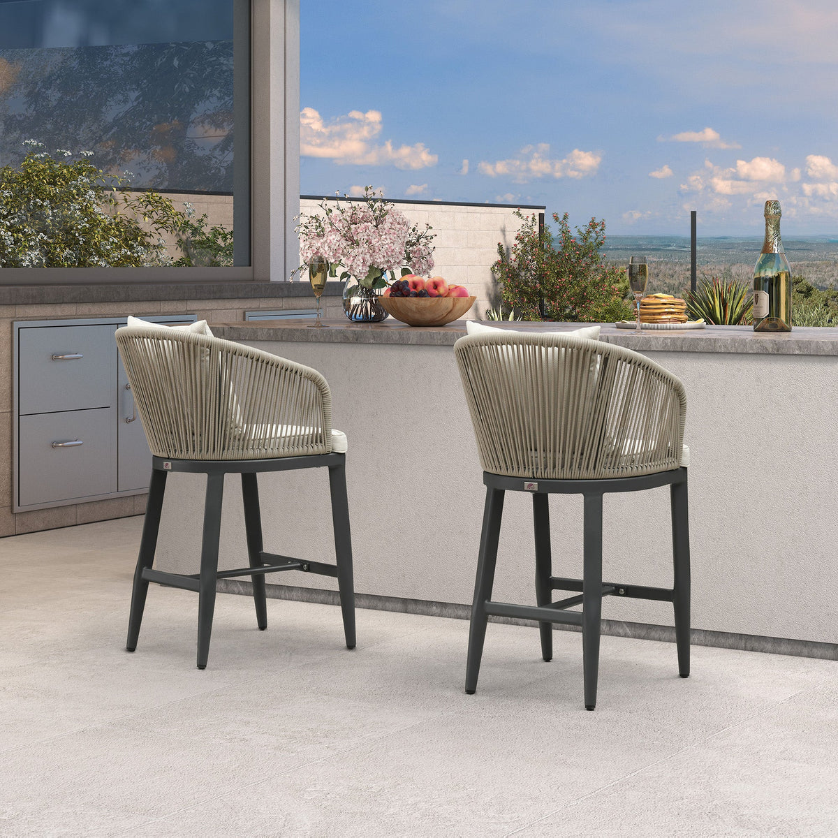 PURPLE LEAF Outdoor Bar Stools Patio Modern Aluminum Rattan High Back & Arms Bar Chairs with Removable Cushions and Pillows  for Outdoor or Indoor
