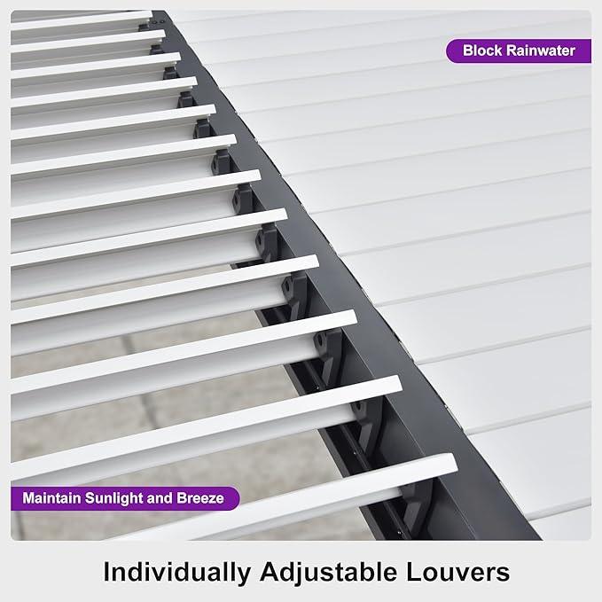 PURPLE LEAF Caesar Outdoor Louvered Pergola Patio Sun Shade Shelter with Adjustable Hardtop Patio Pergola Gray Frame White Roof