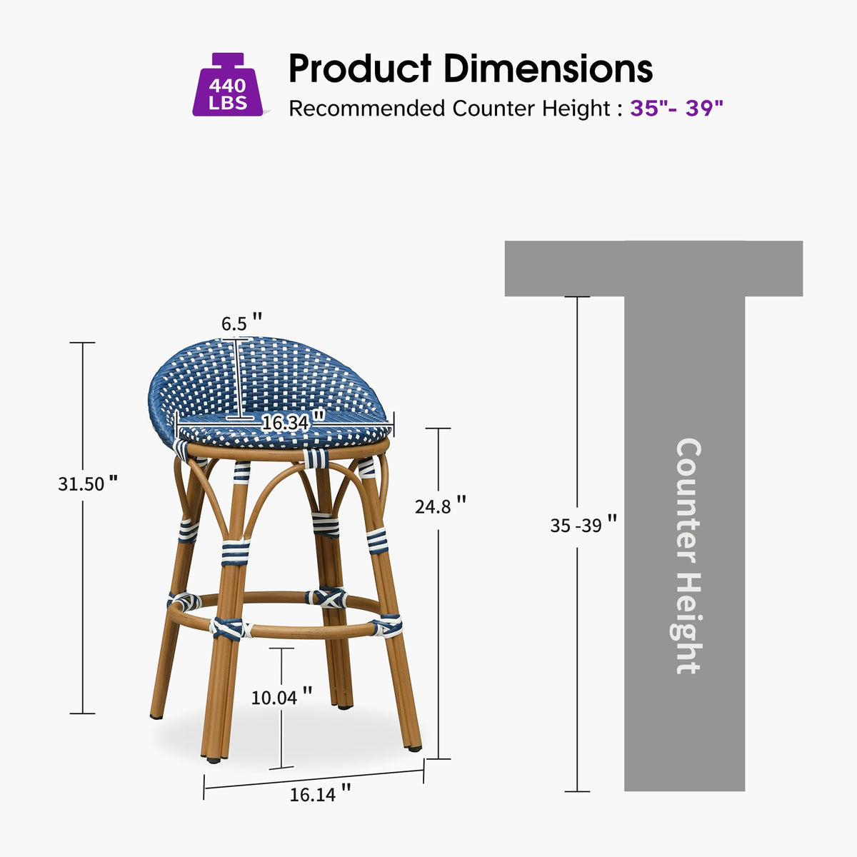 PURPLE LEAF Patio Oversized Backrest Bar Height Stool Set of 2 Outdoor Round Barstools Aluminum Frame Woven Rattan for Indoor Kitchen Dining Bistros Cafe Restaurant
