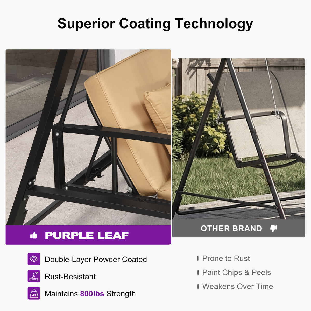 PURPLE LEAF Porch Swing with Adjustable Tilt Canopy Patio Swing with Stand and Meatl Steel Frame All-Weather Outdoor Swing Chair Seat Space-Saving for Backyard Garden Deck