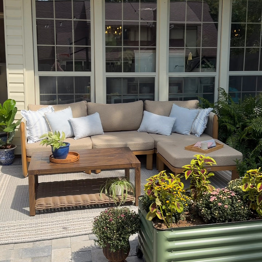 PURPLE LEAF Byron L-Shaped Modular Outdoor Sectional with Wide-Band Woven Design and Wood-Grain Aluminum Frame for Garden Patio
