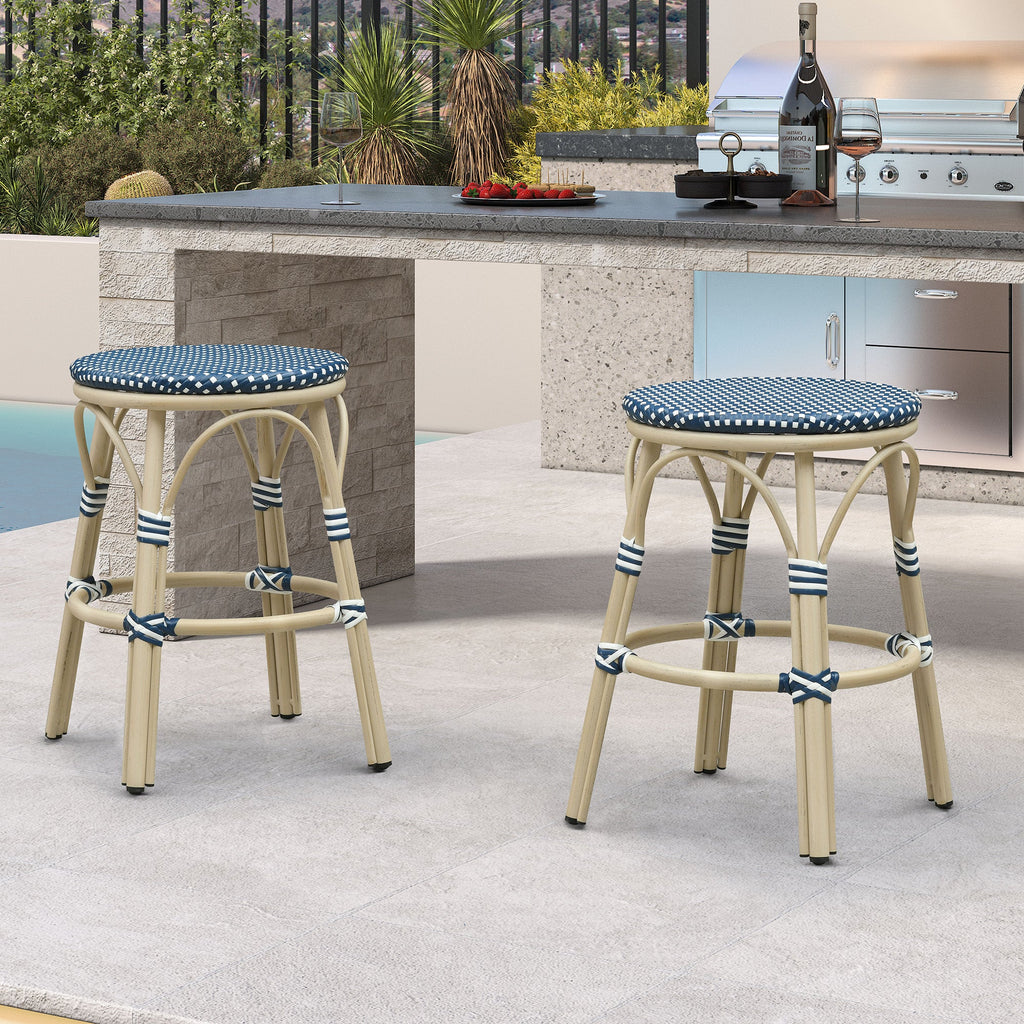 PURPLE LEAF Patio French Round Counter Stool Set of 2 Rattan Backless Stackable Barstools Aluminum Frame Footrest with Woven Wicker for Outdoor Kitchen Yard