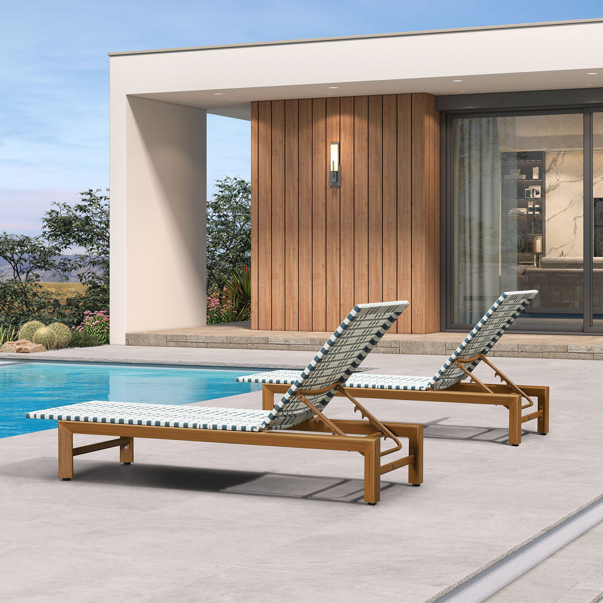 PURPLE LEAF Outdoor Teak Chaise Lounge Chair, Wood Grain Aluminum Outdoor Pool Lounge Chairs with Adjustable Backrest, Breathable Recliner for Patio, Poolside, Garden