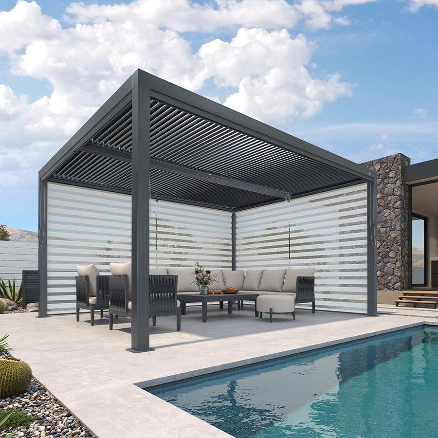 PURPLE LEAF Athena Louvered Pergola Grey Outdoor Aluminum Pergola with Roller Blind Adjustable Gazebo for Patio Deck Garden