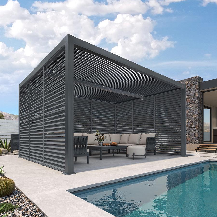 PURPLE LEAF Athena Louvered Pergola Grey Outdoor Aluminum Pergola with Shutter Wall Adjustable Gazebo Rainproof for Patio Deck Garden