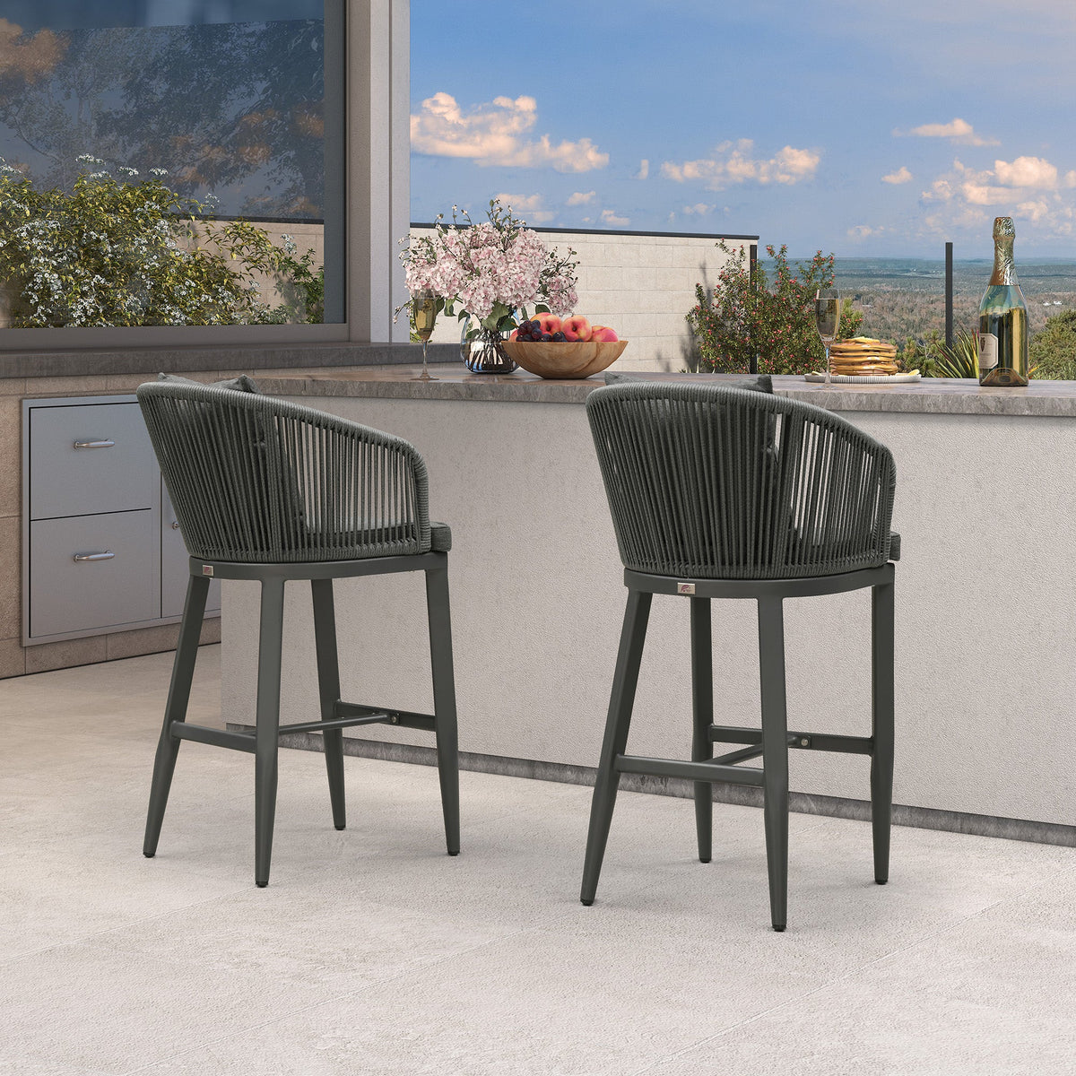 PURPLE LEAF Outdoor Bar Stools Patio Modern Aluminum Rattan High Back & Arms Bar Chairs with Removable Cushions and Pillows  for Outdoor or Indoor