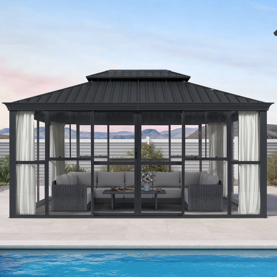 PURPLE LEAF Luxury Sunroom Solarium 360° Transparent Outdoor Living Room with Elegant Curtains Outdoor Gazebo with 4-Side Sliding Doors and Windows for Entertaining