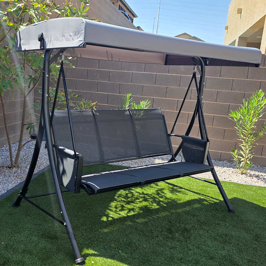 PURPLE LEAF Porch Swing with Adjustable Tilt Canopy Patio Swing with Stand and Meatl Steel Frame All-Weather Outdoor Swing Chair Seat Space-Saving for Backyard Garden Deck