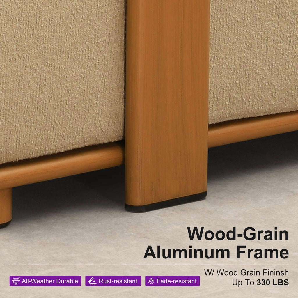 PURPLE LEAF Breck L-Shaped Modular Outdoor Sectional with Wood-Grain Aluminum Frame and Thick Teak-Colored Cushions for Luxury Backyard Lounge