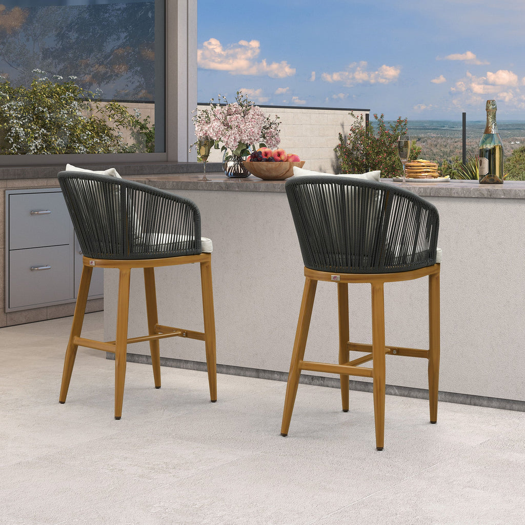 PURPLE LEAF Outdoor Bar Stools Patio Modern Aluminum Rattan High Back & Arms Bar Chairs with Removable Cushions and Pillows  for Outdoor or Indoor