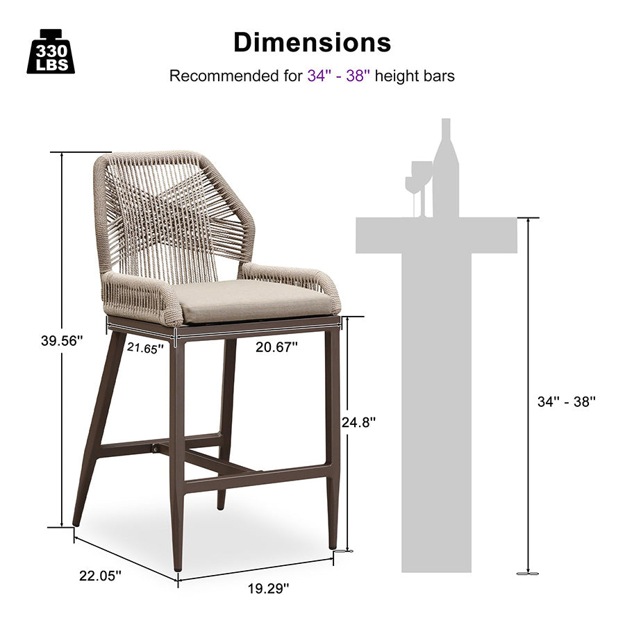 PURPLE LEAF Patio Sunbrella Bar Stools Set of 2  Rattan Bar Aluminum Bar Stool Outdoor Barstools with Back and Cushion for Garden Kitchen Island
