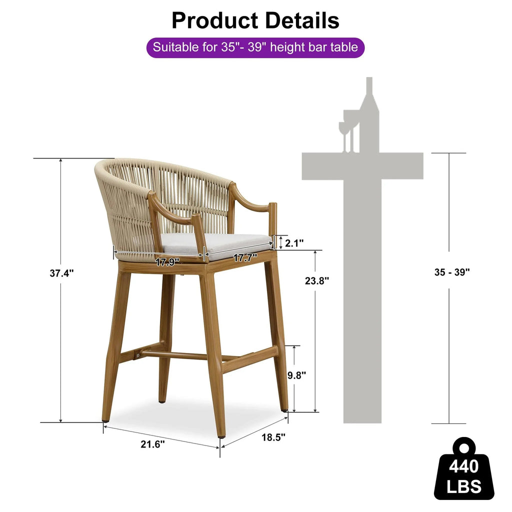 PURPLE LEAF Patio Bar Stools Set of 2 Outdoor Wicker Modern High Bar Chairs Metal Cushioned Barstools with Backs and Ergonomic Armrest