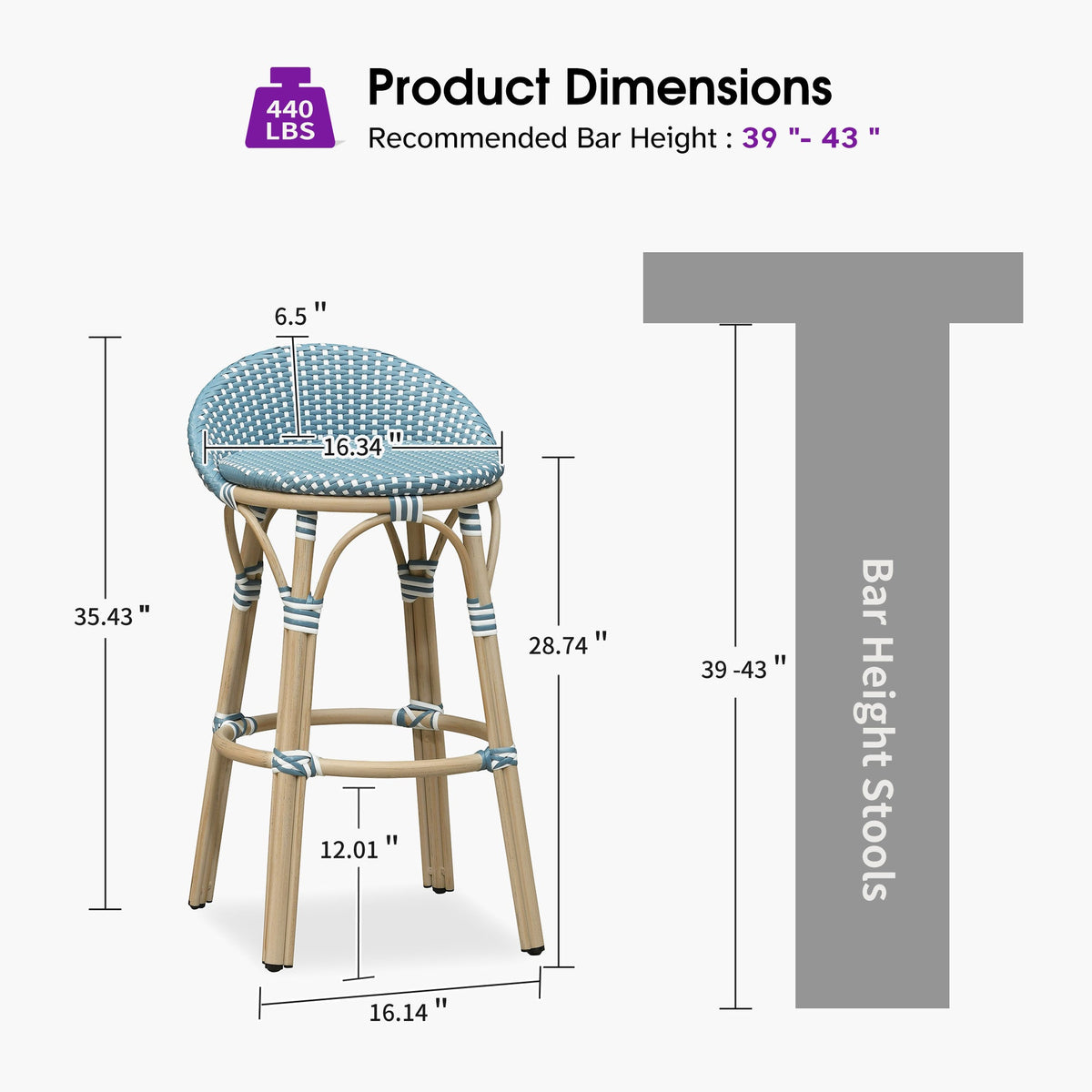 PURPLE LEAF Patio Oversized Backrest Bar Height Stool Set of 2 Outdoor Round Barstools Aluminum Frame Woven Rattan for Indoor Kitchen Dining Bistros Cafe Restaurant