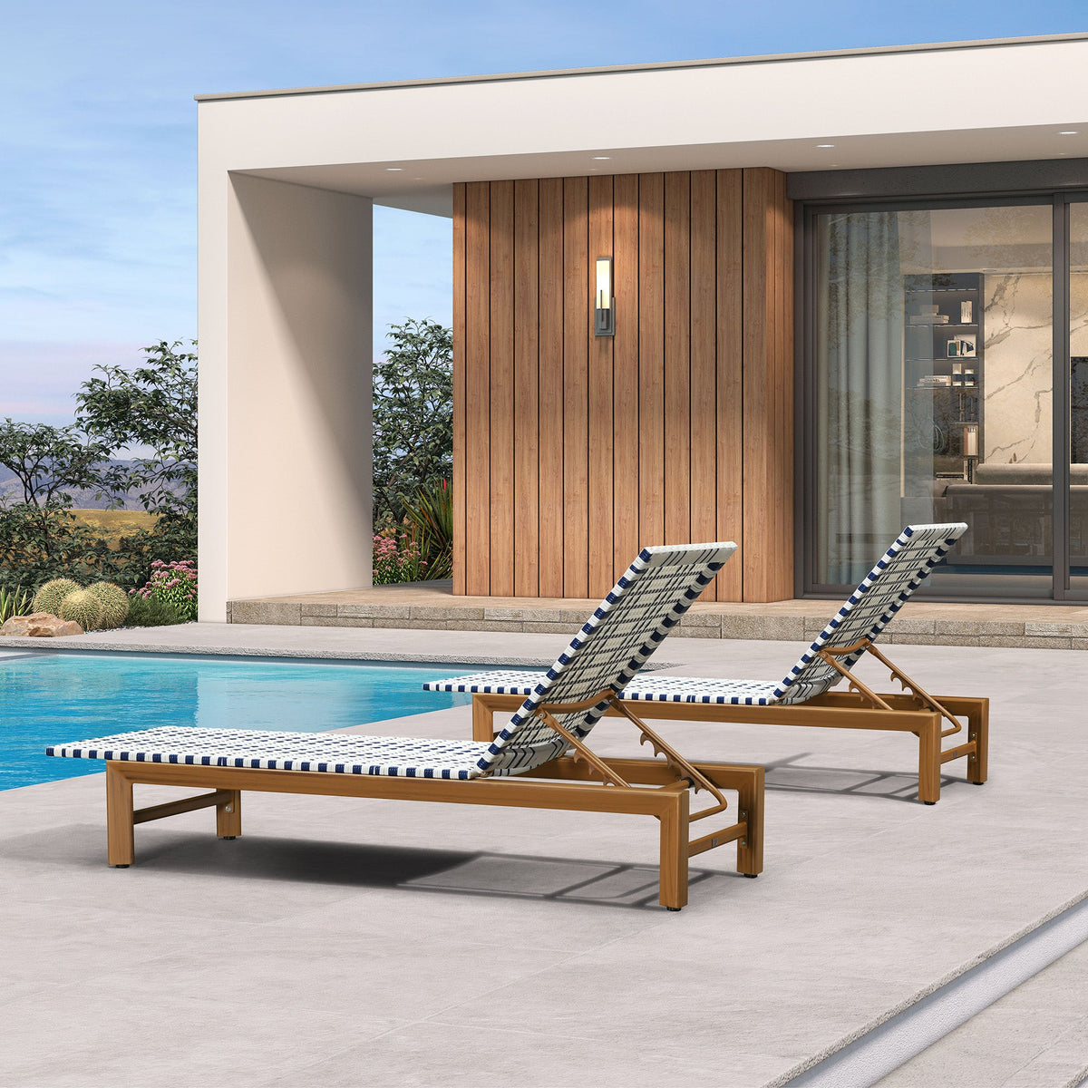 PURPLE LEAF Outdoor Teak Chaise Lounge Chair, Wood Grain Aluminum Outdoor Pool Lounge Chairs with Adjustable Backrest, Breathable Recliner for Patio, Poolside, Garden